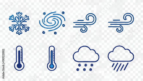 Winter weather icon sheet, outline line style vector icons, snow, blizzard, cold wind, icy temperature, snow cloud, minimalist stroke design, monochrome blue, modern weather UI icons, transparent back
