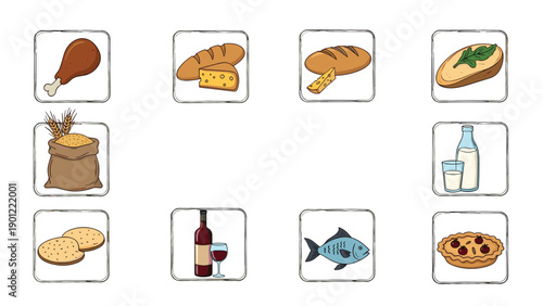 Assorted food item icons displayed in grungy square frames, featuring a chicken leg, bread with cheese, bread with butter, wheat, flour, milk, cookies, wine, fish, and pie.