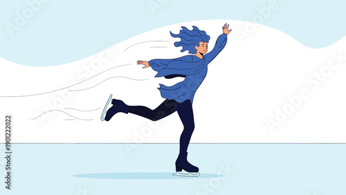 Dynamic illustration of a cheerful woman gracefully figure skating on ice, captured in a different elegant pose with flowing motion lines.