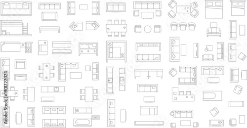 A collection of various technical blueprint drawings isolated on transparent background