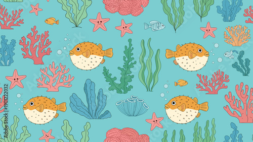 Seamless underwater pattern with pufferfish starfish various colorful corals and seaweed on a bright turquoise ocean background.