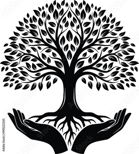 Tree of life in caring hands silhouette, growth protection symbol, nature conservation concept, black vector illustration for ecology, wellness, branding