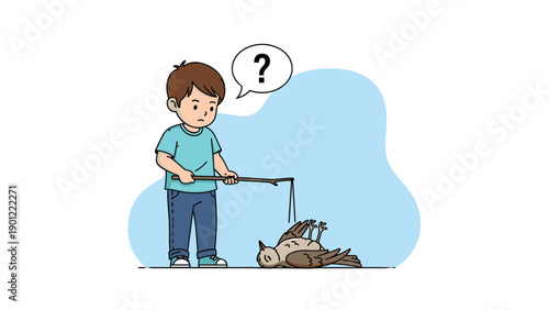 Curious boy with a stick looks ponderingly at a deceased bird on the ground, a question mark hovering above his head, illustrating childhood wonder and loss.