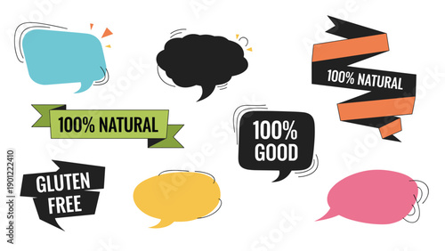 Diverse collection of colorful speech bubbles and banners showcasing various promotional and dietary labels like "100% Natural" and "Gluten Free."