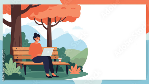 Young woman sitting on a wooden park bench using a laptop computer while enjoying nature and fresh air in a beautiful landscape.