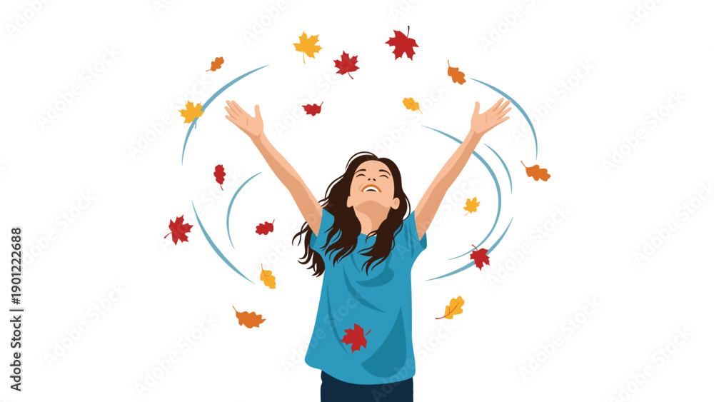 Fototapeta premium Joyful young woman with outstretched arms celebrating the beauty of autumn as colorful fall leaves swirl around her in the air.