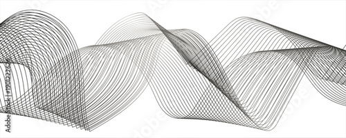 Abstract wave pattern with smooth, flowing, interlaced curves and lines. Modern digital and geometric technology themes & data visualizations, black gradient flowing wave lines. Futuristic technology 