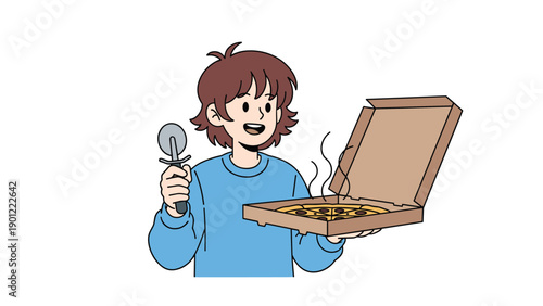 Enthusiastic young man, cheerfully holding an open box of steaming hot pizza and a pizza cutter, ready to enjoy a delicious meal.