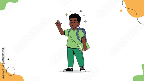 Happy young black schoolboy with a blue backpack and green notebook waving hello against a playful abstract white background.