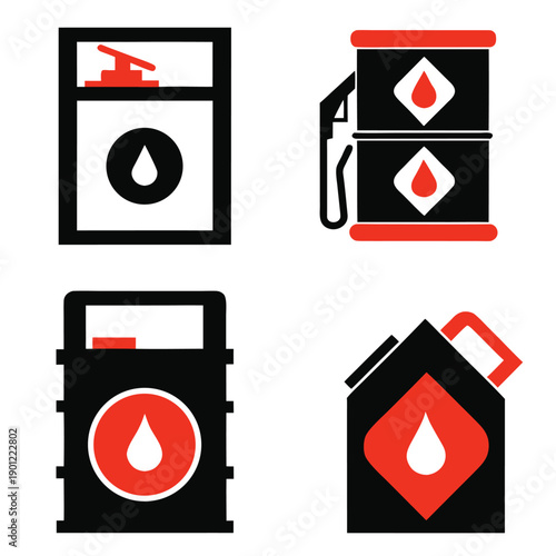 Four black and red gas pump with fuel drop symbols