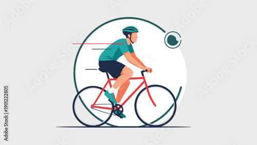 Determined male cyclist riding a red road bike at high speed against a geometric circular white and green background.
