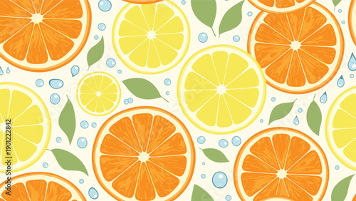 Refreshing seamless pattern featuring bright orange and lemon slices with green leaves and blue water droplets on light background.