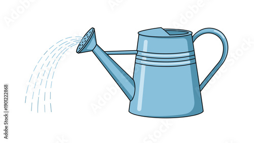 Classic light blue metal watering can pouring water from its spout representing gardening plant care and outdoor activity.