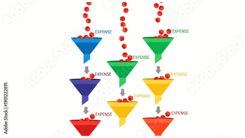 Financial Expense Management System Infographic. Cost Optimization Flowchart with Multiple Funnels, Budgeting, and Transaction Tracking Visualization.