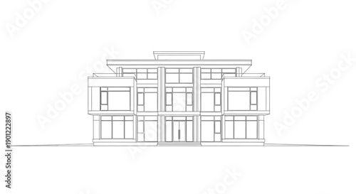 Grand Government Institutional Building with Columns and Central Entrance Detailed Line Vector Illustration