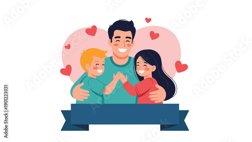 Happy father embracing his son and daughter with love in front of a giant pink heart with a blue ribbon for copy space below.