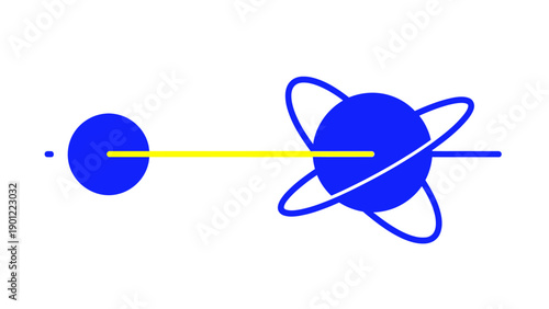 Abstract Connection Concept: Minimalist Atomic Structure or Planet with Orbits Linked by Yellow Data Line. Science Technology Vector.