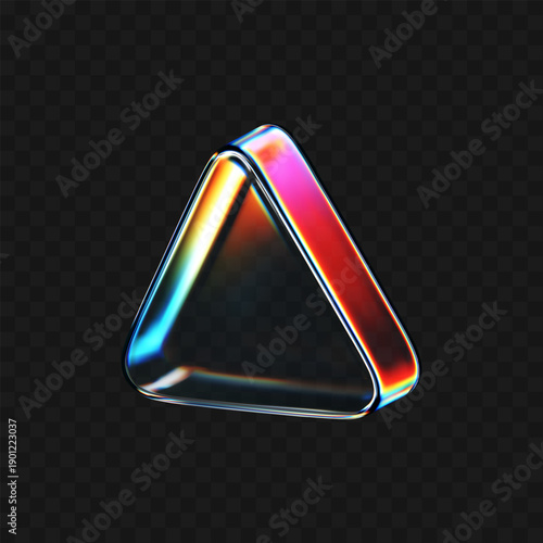 Realistic 3D glass triangle icon with neon gradient, holographic prism effect and liquid glass texture. Futuristic geometric object for digital design, media interface, music and tech background