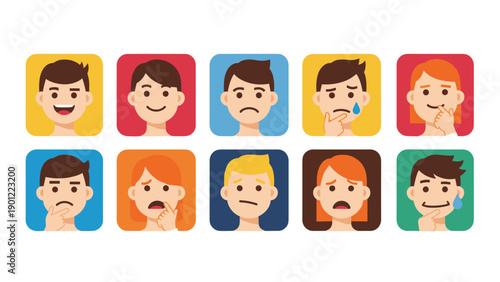 Diverse collection of colorful avatar icons illustrating various human emotions, including happiness, sadness, and contemplation, representing emotional range.