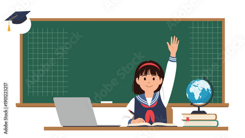 Young schoolgirl raising her hand for a question in a classroom with a green chalkboard, laptop, globe, and books on the table.