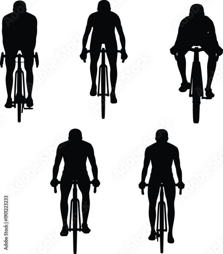 Cyclist silhouettes riding bicycles in different positions, professional road cycling training and racing poses, athletic transportation figures isolated on white background