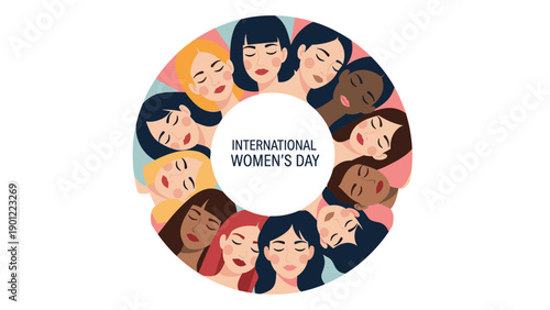 Circular arrangement of diverse female faces of different ethnicities celebrating International Women's Day with inclusive message.