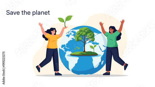Two happy women raising their hands in celebration for environmental protection near a green earth with a tree and growing sprouts.