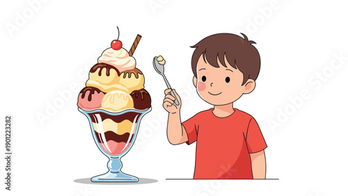 Happy young boy in a red shirt joyfully eats a large, elaborate ice cream sundae with a spoon, celebrating a sweet indulgence.