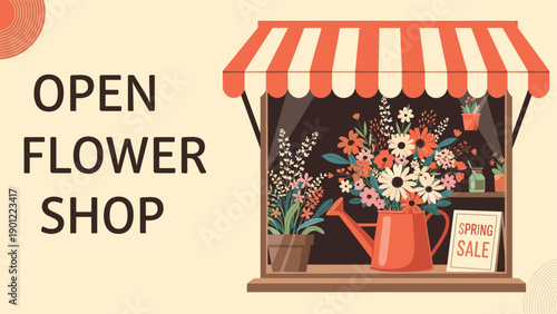 Charming flower shop storefront with a red and white striped awning featuring a window display of beautiful bouquets for spring sale.