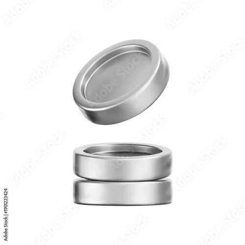 3D silver coin stack with a chrome metallic effect, isolated on a white background. Render of chrome coins, game token, digital currency icons or silver reward medals. 3D vector illustration