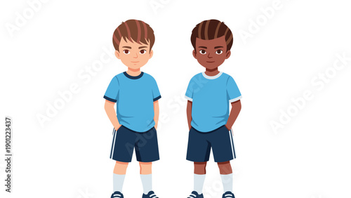 Two cheerful cartoon boys, one light-skinned and one dark-skinned, stand side-by-side in blue soccer uniforms, symbolizing diversity and sportsmanship.