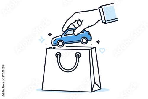 Hand placing miniature car into shopping bag icon drawing