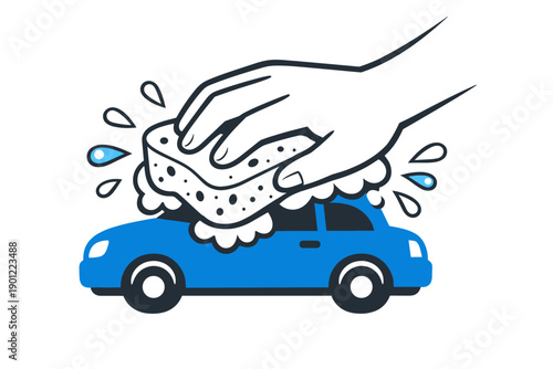 Hand washing blue car with suds and water drops icon