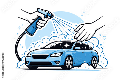 Hand car wash scene with blue sedan and soap suds