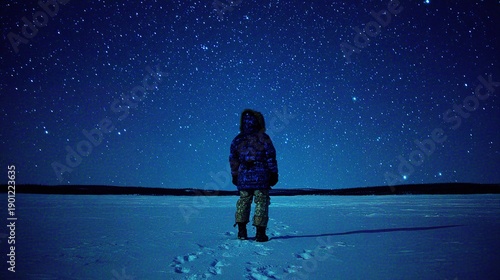 Low-light photography with strong contrast and narrative. Sharp stars against deep blue sky and snow glow outline the explorer's decisive moment