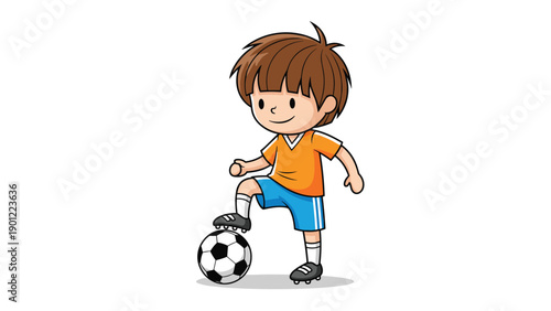 Cute cartoon boy in a bright orange soccer uniform, confidently placing one foot on a soccer ball, ready for the game.