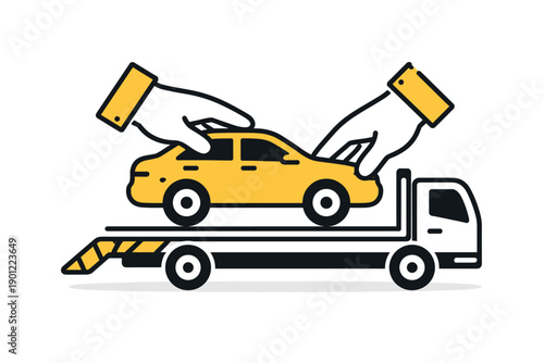 Cartoon illustration of hands holding yellow car on tow truck