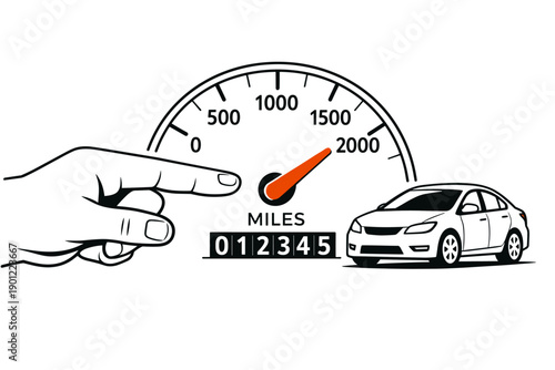 Car mileage illustration with hand pointing at odometer and vehicle silhouette