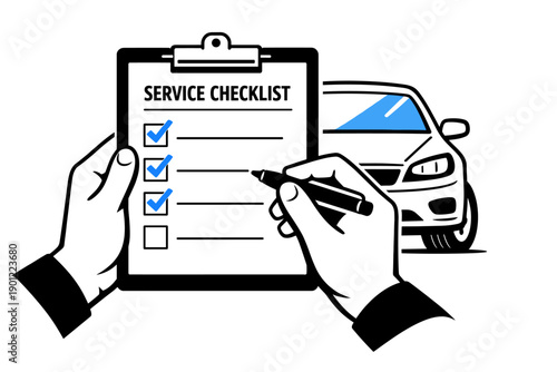 Car maintenance: service checklist with hands marking tasks for auto safety