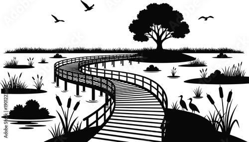 Nature landscape silhouette illustration, wooden bridge over lake, tree birds reeds scenery, black vector artwork for posters, backgrounds, decor