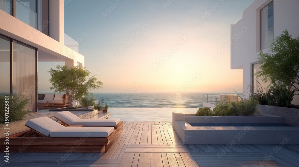 Fototapeta premium Luxurious modern house with a terrace and a view of the sea at sunset