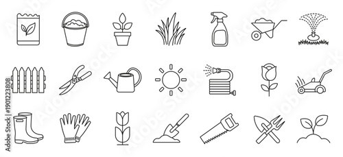 Gardening and flower editable stroke outline icons set.