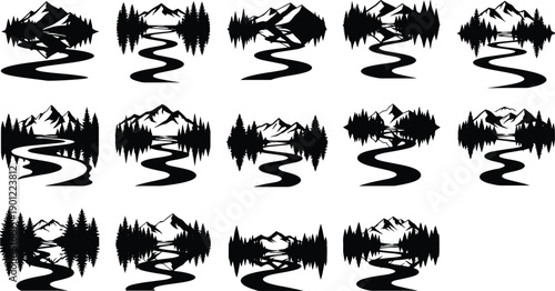 Mountain river landscape silhouettes collection, pine forest reflections, scenic nature vector illustrations for logos, outdoor branding, prints, posters