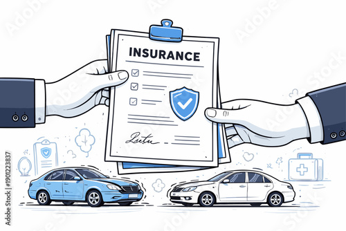 Car insurance agreement with hands exchanging document and two cars below