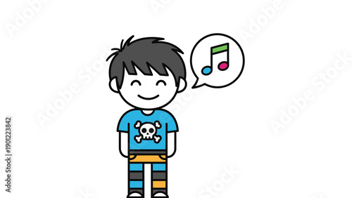 Cheerful cartoon boy, wearing a skull t-shirt and striped pants, smiles with a music note speech bubble, symbolizing enjoyment of music.