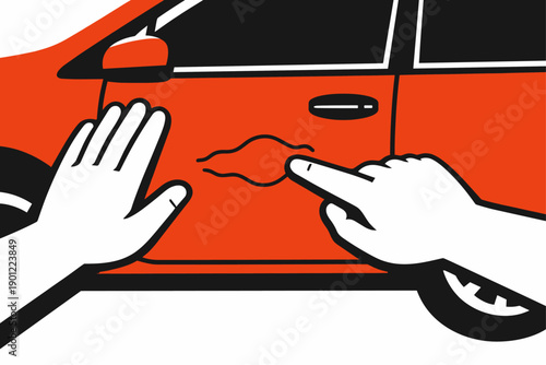 Illustration of two hands pointing at and touching a red car dent