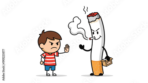 Determined young boy makes a clear "stop" gesture towards a smoking cigarette character, symbolizing anti-smoking advocacy and healthy choices.