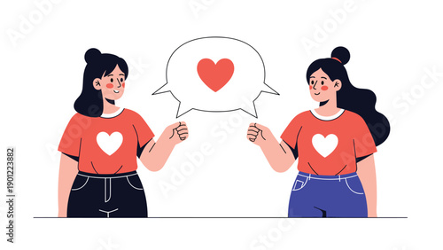 Two smiling women with heart-themed t-shirts face each other, sharing a heart in a speech bubble, symbolizing deep friendship, love, and connection.