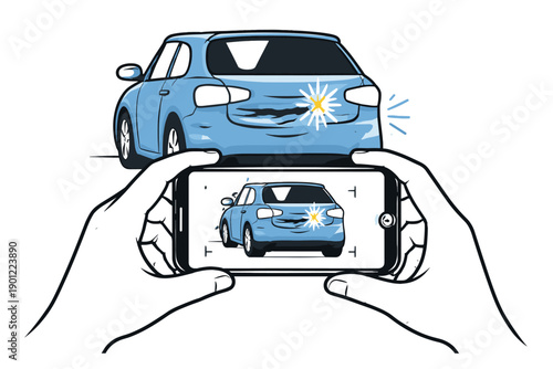 Male capturing image of minor car accident with smartphone for documentation