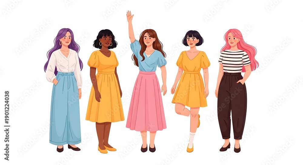Fototapeta premium Diverse group of women in colorful outfits standing together